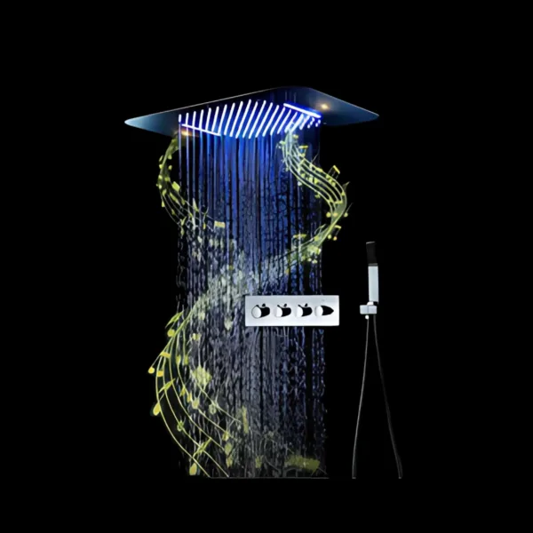 NovaFlow luxury shower system with rain mode and built-in music, shown in a sleek, modern bathroom.