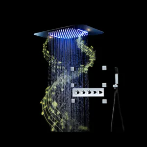 OrbisSpa luxury shower system with rain mode, body jets, and built-in Bluetooth music player installed in a modern bathroom.