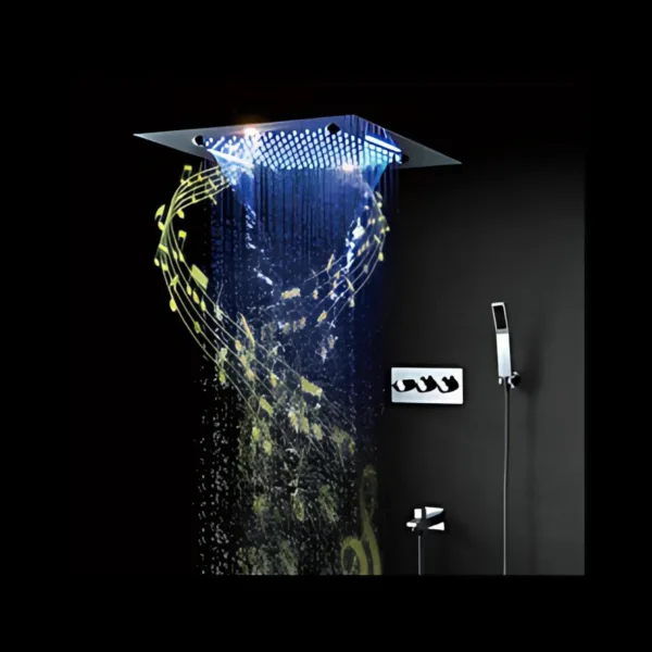 Rainwave Shower System installed in a modern bathroom with stainless steel 3-function shower head and music integration.