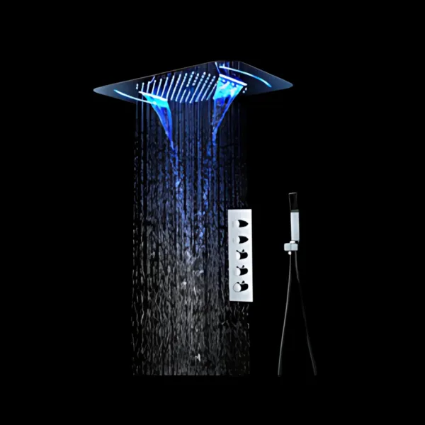 MirageMist 3-function luxury shower head displaying rain mode in stainless steel.