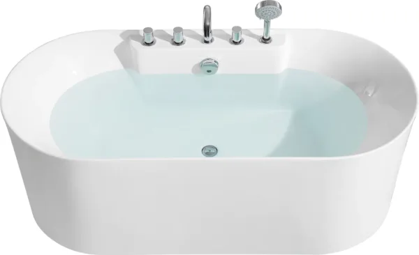 ElysiumStream Soaking Bathtub Vv-8037 showcasing sleek white acrylic design with hand shower and faucet set