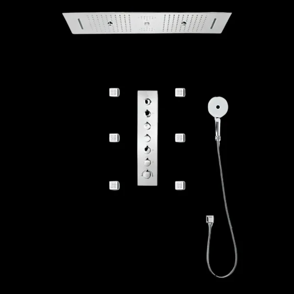 Discover the Eccezionale Multifunctional Thermostatic Shower in chrome, featuring a 6-function high-flow system, 4-function LED shower head with music, hand shower, and body jets. Elevate your shower with remote-controlled LED lighting and customized settings. Backed by a 5-year warranty, this system combines luxury and durability.