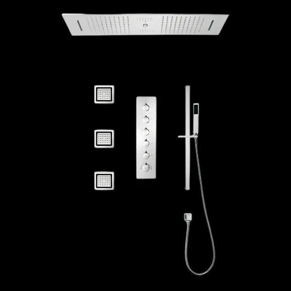 Bellissimo Multifunctional LED Shower System in chrome with 3-function shower head."