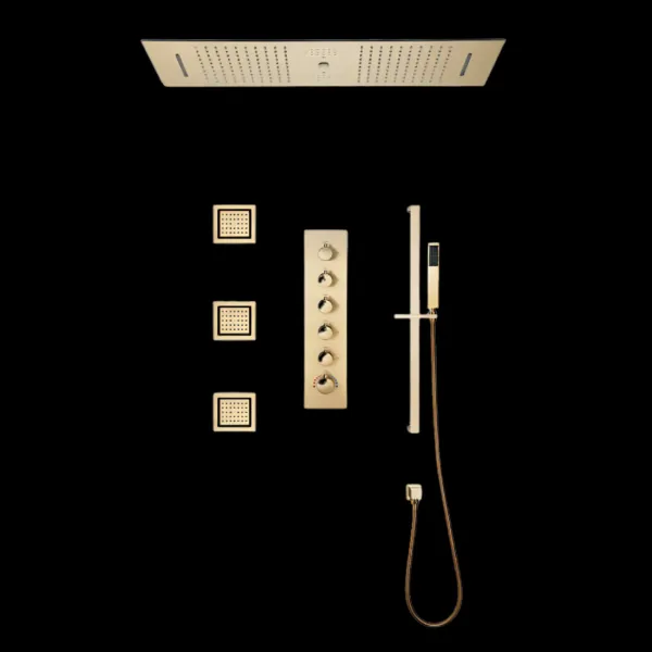 Magnifico Thermostatic LED Shower with brushed gold finish and LED lights.