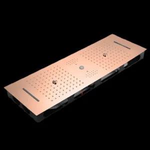 VitaAcqua Rose Gold Shower Head - VVBO-24102-5 in a modern bathroom, showcasing its luxurious rose gold finish and LED lighting.