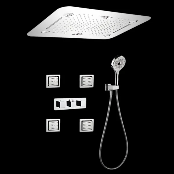 Divino Chrome LED Shower System with body jets, hand shower, and LED-lit shower head