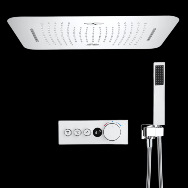 Elegante Shower System with body jets, hand shower, and LED-lit shower head