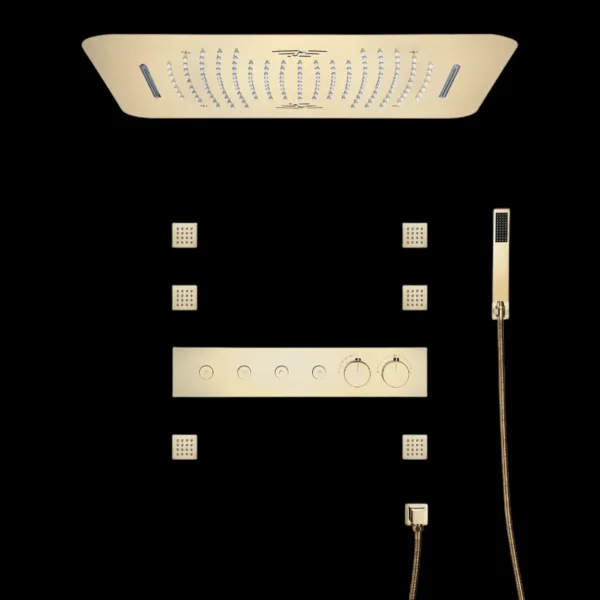 Trionfale Brushed Gold Shower System with body jets, hand shower, and LED-lit shower head