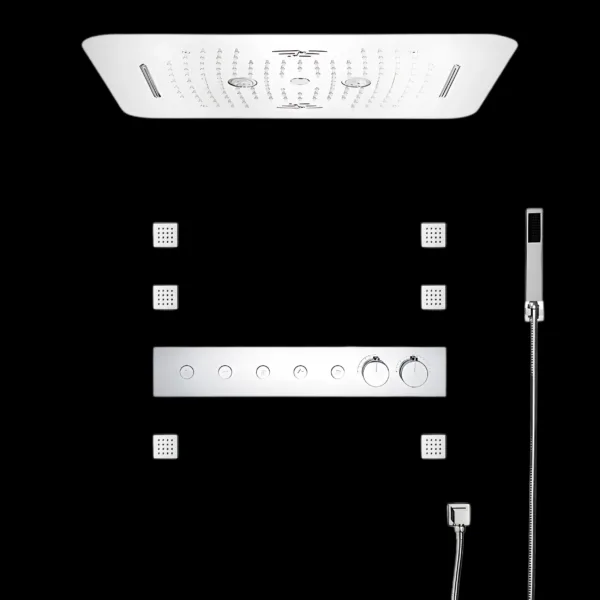 Vivace Shower System with rain and waterfall LED shower head, body jets, and hand shower