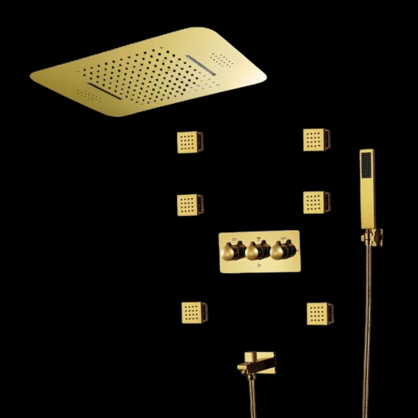 Zenith Gold LED Shower System featuring rain and waterfall shower head with integrated music system and body jets.