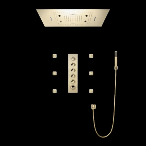 Zenit Brushed Gold Shower System with LED Shower Head, Body Jets, and Bluetooth Music Function