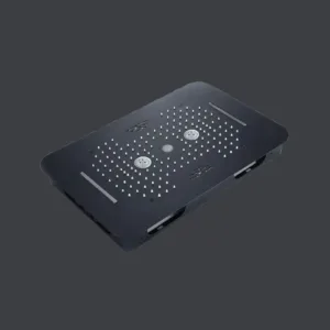 Tramonto Black Shower Head - VV BO-HI5897-2 showing Rain, Waterfall, and Mist functions with LED lighting.