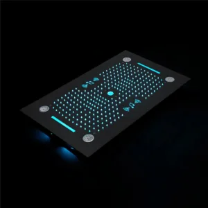 Arcobaleno Black Shower Head - VVBO-9875-1 showcasing Rain, Waterfall, Spin Water, and Water Column functions with vibrant LED lighting.